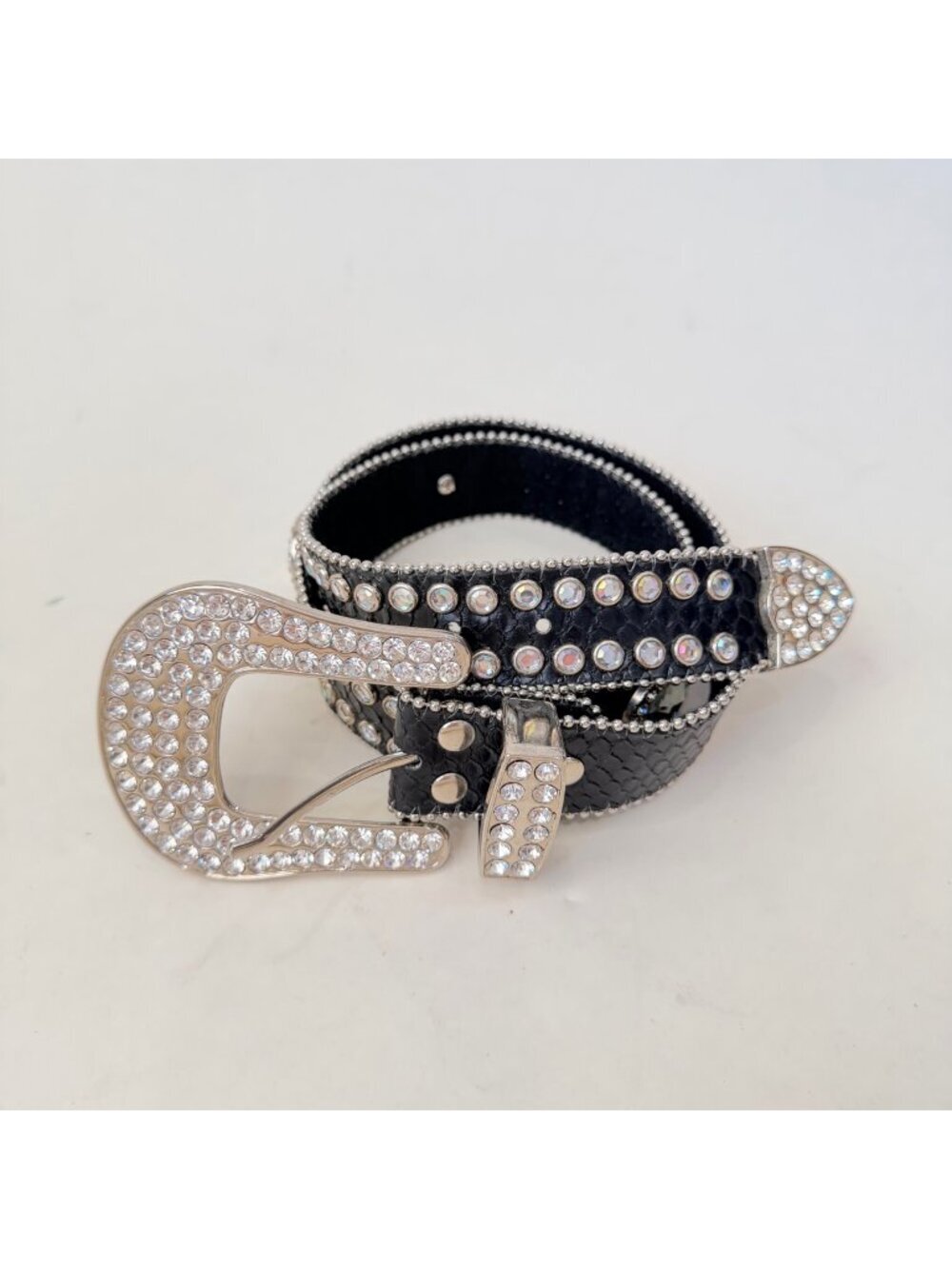 Y2K Western Leather Rhinestone Studded Belt Black Bling Horseshoe Buckle Boho Ro